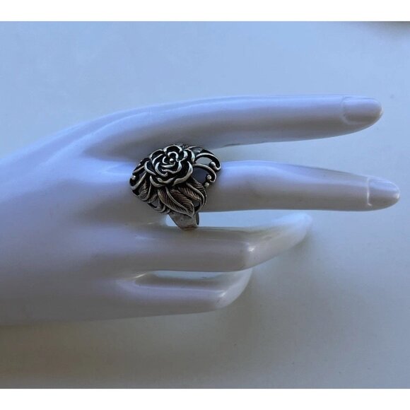 Vintaghe 925 Sterling Silver Carved Rose Flower Ring size 10 Signed Stamped - Picture 5 of 14